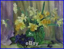 Vintage Still Life Oil Painting Daffodils & Violets Mid Century Modern Flowers