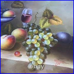Vintage Still Life Oil Painting Fruit Grapes Apples Pears Framed Signed wine