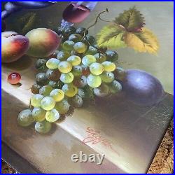 Vintage Still Life Oil Painting Fruit Grapes Apples Pears Framed Signed wine