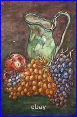 Vintage Still Life Watercolor Painting Pitcher Grape Apple Signed