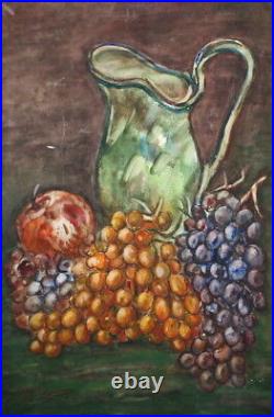 Vintage Still Life Watercolor Painting Pitcher Grape Apple Signed