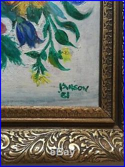 Vintage Stylised Floral Still Life Oil Painting On Board Framed Signed Dated