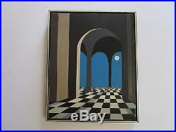 Vintage Surreal Painting Mod Architectural Geometric Abstract Signed Hal 1960's