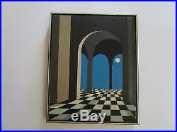 Vintage Surreal Painting Mod Architectural Geometric Abstract Signed Hal 1960's