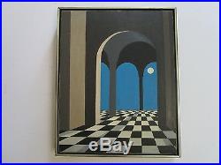 Vintage Surreal Painting Mod Architectural Geometric Abstract Signed Hal 1960's