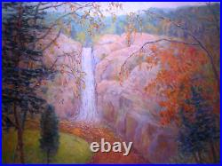Vintage Surrealist Landscape Oil Painting Mountain Waterfall Signed