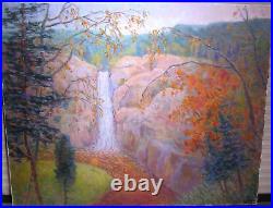 Vintage Surrealist Landscape Oil Painting Mountain Waterfall Signed