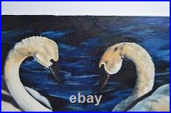Vintage Swans Original Oil Painting Canvas Bird Love Signed Silva Moody Colors