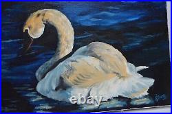 Vintage Swans Original Oil Painting Canvas Bird Love Signed Silva Moody Colors