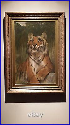 Vintage TIGER Wildlife Portrait, 1920s, Signed ARTHUR WARDLE, Pastel Painting