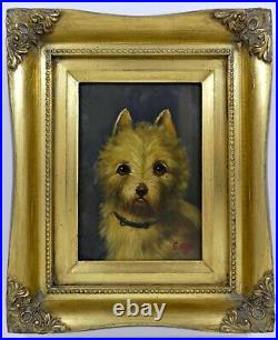 Vintage Terrier Dog Oil on Panel Painting Gold Leaf Frame