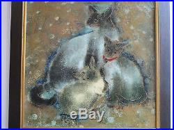 Vintage Thai Or Chinese Painting Signed Abstract Expressionism Kitten Cat Retro