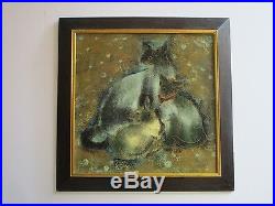 Vintage Thai Or Chinese Painting Signed Abstract Expressionism Kitten Cat Retro