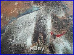 Vintage Thai Or Chinese Painting Signed Abstract Expressionism Kitten Cat Retro