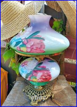 Vintage Tom Lambert Signed Gone With The Wind Hurricane Lamp Painted Flowers USA