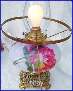 Vintage Tom Lambert Signed Gone With The Wind Hurricane Lamp Painted Flowers USA
