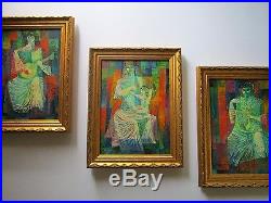 Vintage Tryptich Painting Abstract Expressionism Cubism Musicians Signed MCM