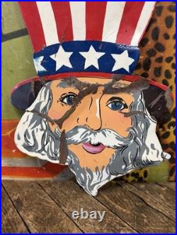 Vintage Uncle Sam Painted Metal Carnival Sign Circus Patriotic United States War
