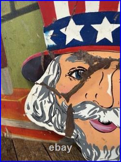 Vintage Uncle Sam Painted Metal Carnival Sign Circus Patriotic United States War
