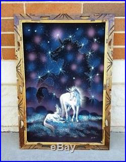 Vintage Unicorn Large Painting on Black Velvet 23 3/4 in x 36 Signed Framed