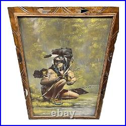 Vintage Velvet Painting Native American Wary Warrior Cherokee 40x28 SIGNED