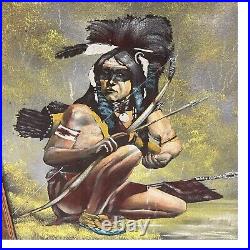 Vintage Velvet Painting Native American Wary Warrior Cherokee 40x28 SIGNED