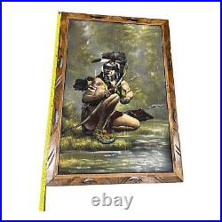 Vintage Velvet Painting Native American Wary Warrior Cherokee 40x28 SIGNED