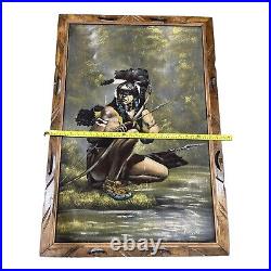 Vintage Velvet Painting Native American Wary Warrior Cherokee 40x28 SIGNED