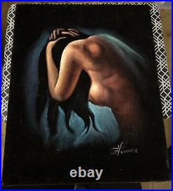 Vintage Velvet Painting Nude Woman Covering Head Adult Item! Signed By Armando