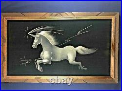 Vintage Velvet Unicorn & Pegasus Paintings Framed MCM 1960s 1970s Mexico Signed