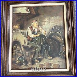 Vintage Vito Calucci Signed Framed Oil Canvas Painting Man Making Fisherman Nets