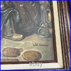 Vintage Vito Calucci Signed Framed Oil Canvas Painting Man Making Fisherman Nets