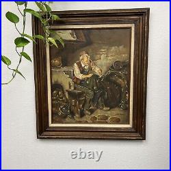 Vintage Vito Calucci Signed Framed Oil Canvas Painting Man Making Fisherman Nets