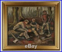 Vintage WPA style Loggers Workers Figures Impressionism Mid Century Oil Painting