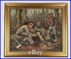 Vintage WPA style Loggers Workers Figures Impressionism Mid Century Oil Painting