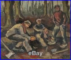 Vintage WPA style Loggers Workers Figures Impressionism Mid Century Oil Painting