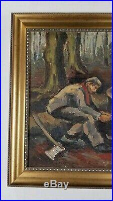 Vintage WPA style Loggers Workers Figures Impressionism Mid Century Oil Painting