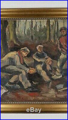 Vintage WPA style Loggers Workers Figures Impressionism Mid Century Oil Painting