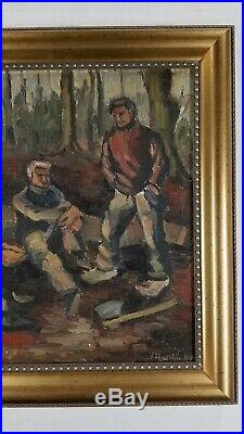 Vintage WPA style Loggers Workers Figures Impressionism Mid Century Oil Painting