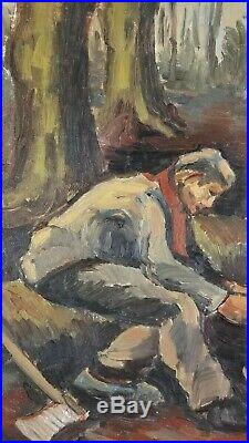 Vintage WPA style Loggers Workers Figures Impressionism Mid Century Oil Painting