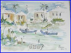 Vintage Watercolor Harborview of Sailboats by Jo Birdsey Lindberg Listed