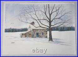 Vintage Watercolor Painting Farmhouse In Winter Signed WARNER