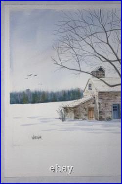 Vintage Watercolor Painting Farmhouse In Winter Signed WARNER