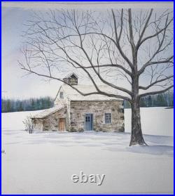 Vintage Watercolor Painting Farmhouse In Winter Signed WARNER