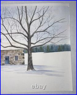 Vintage Watercolor Painting Farmhouse In Winter Signed WARNER