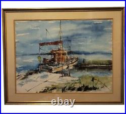 Vintage Watercolor Painting Seafront River Cruise Ship Signed Stunning