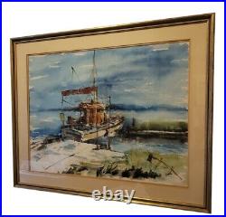 Vintage Watercolor Painting Seafront River Cruise Ship Signed Stunning