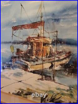 Vintage Watercolor Painting Seafront River Cruise Ship Signed Stunning