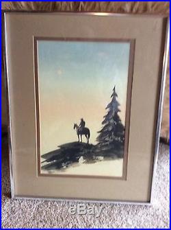 Vintage Watercolor Painting Signed Taylor Blakely Cowboy On Horse Full Moon