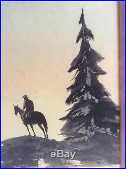 Vintage Watercolor Painting Signed Taylor Blakely Cowboy On Horse Full Moon